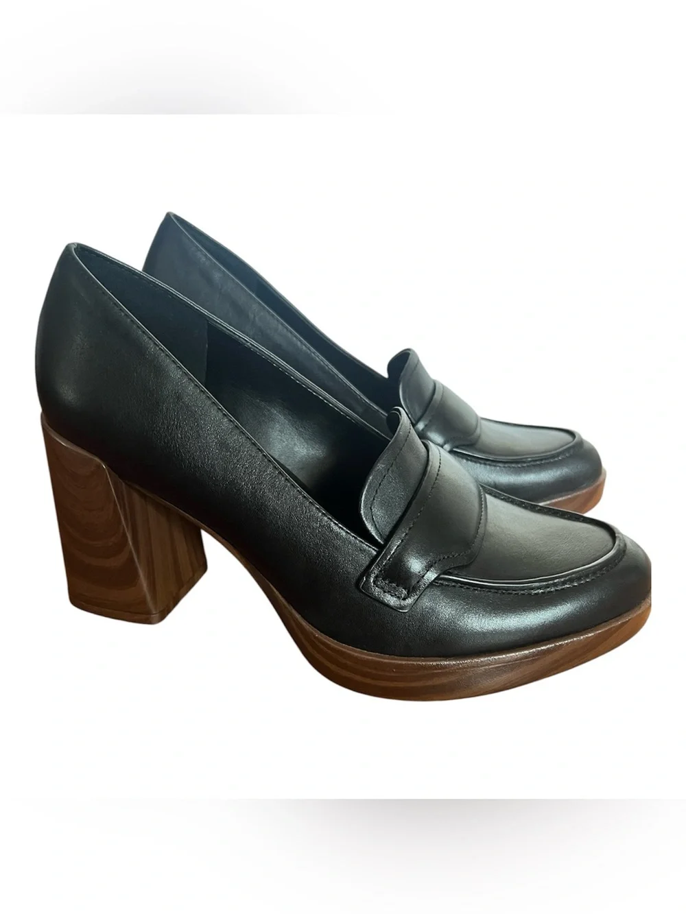 Naturalizer Black Leather Platform Loafer Pumps Chunky Wood Block Heel NWOB 6.5